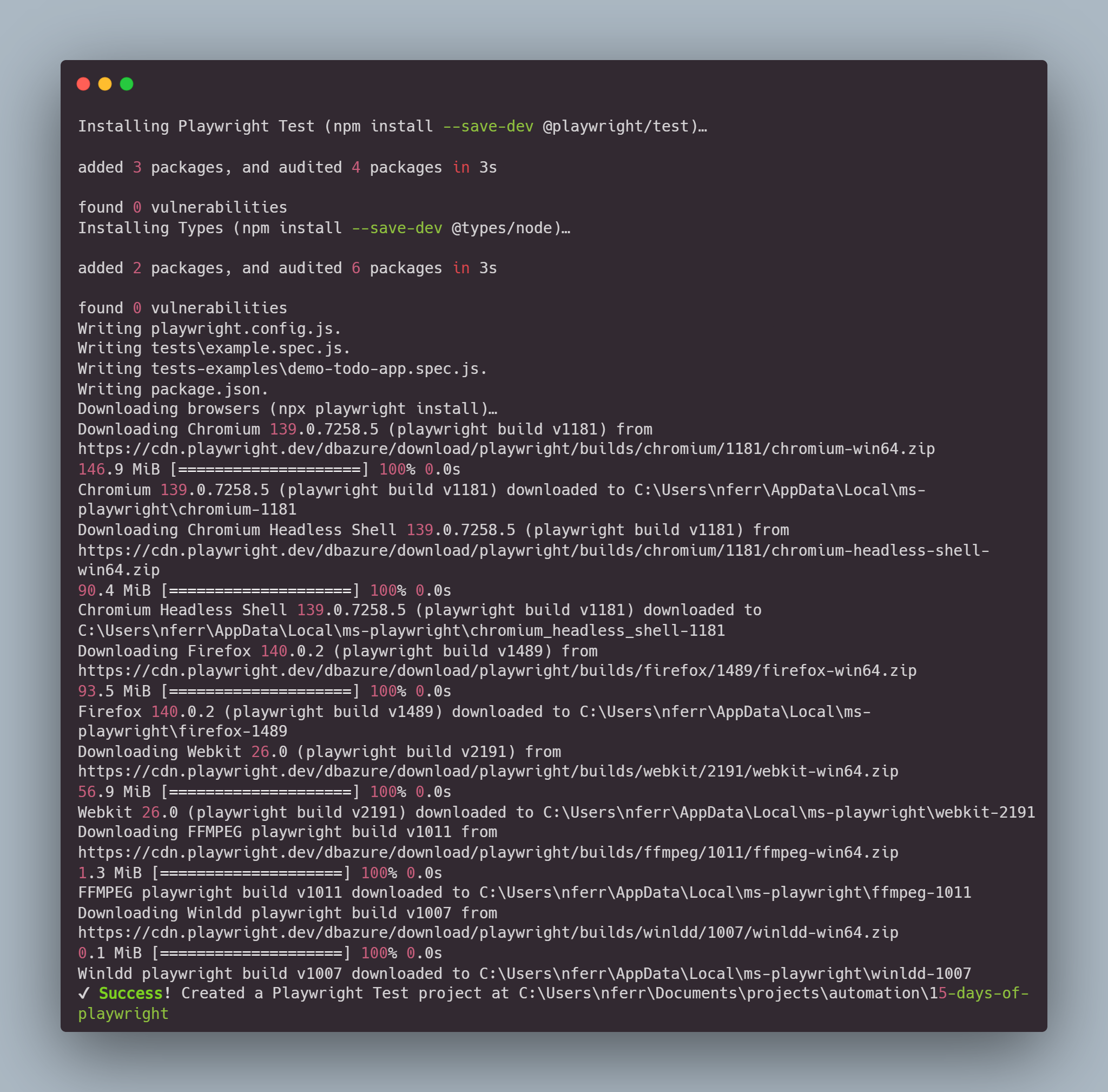 Prompt with success message after install playwiright