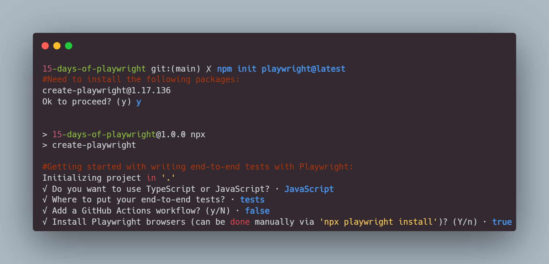 Prompt with install playwiright command